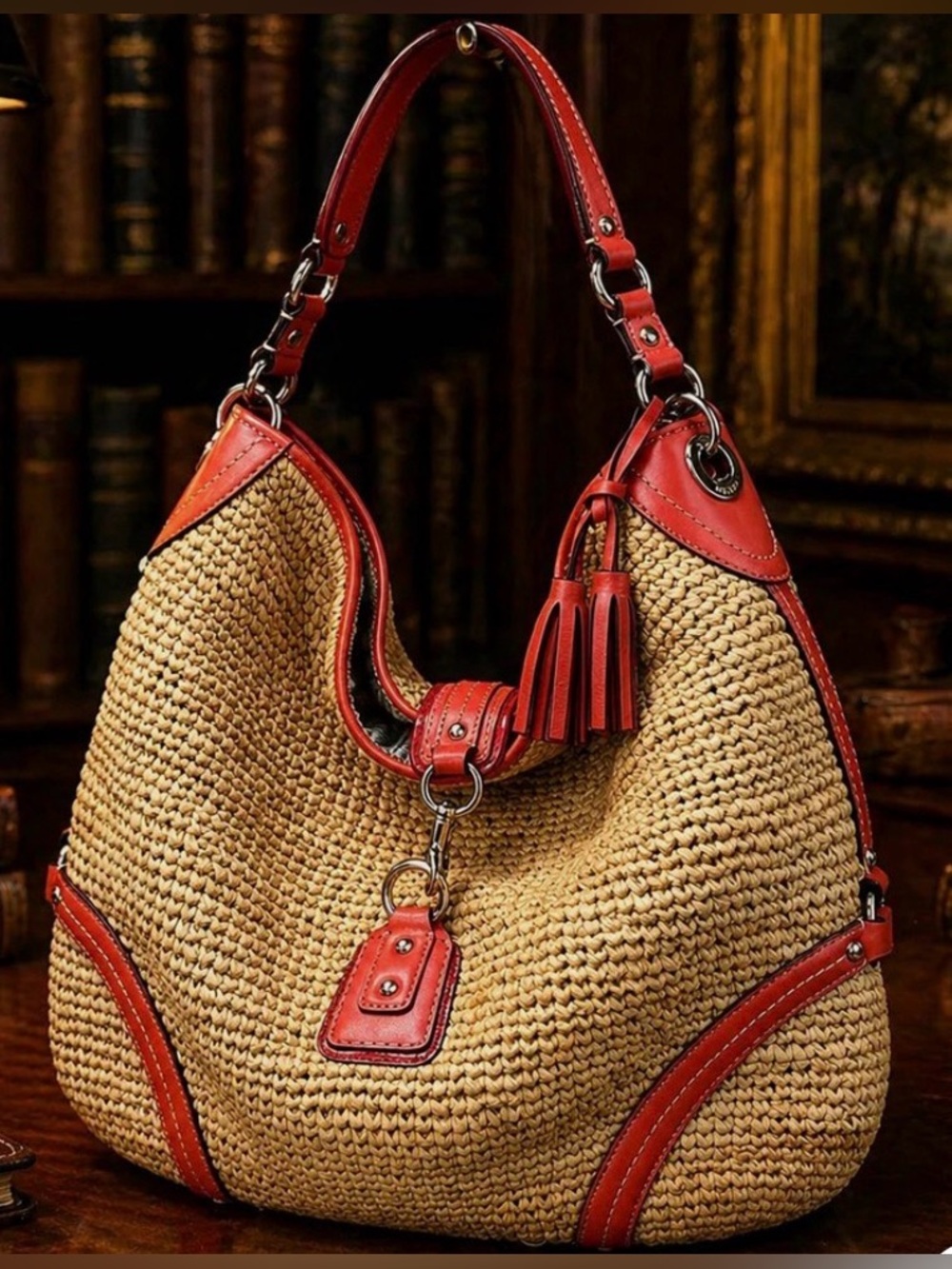 Vintage Coach Large Raffia Hobo Straw/Leather Bag with Coral Trim - Picture 1 of 16